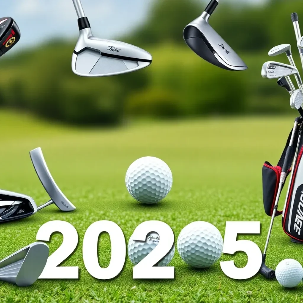 A variety of 2025 golf equipment including drivers, irons, and accessories on a golf course