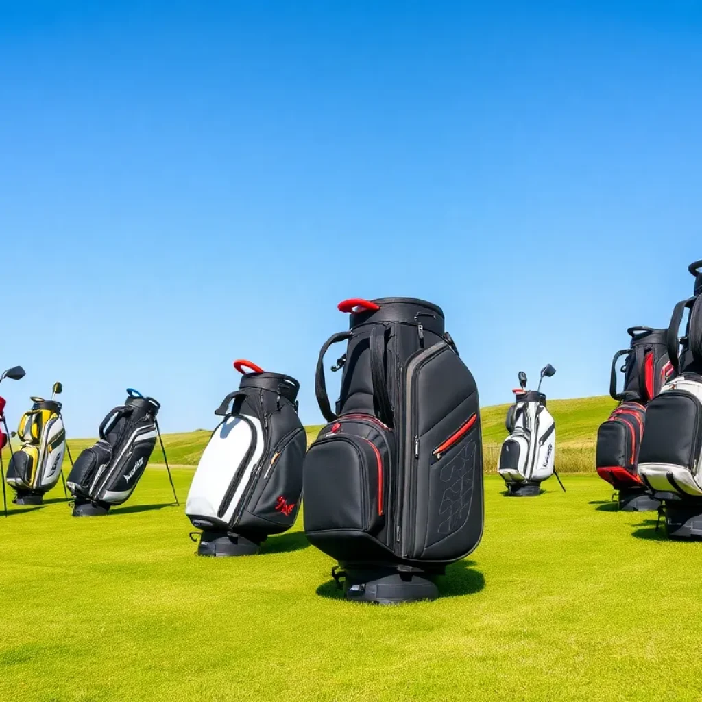 A variety of lightweight golf bags on a green golf course