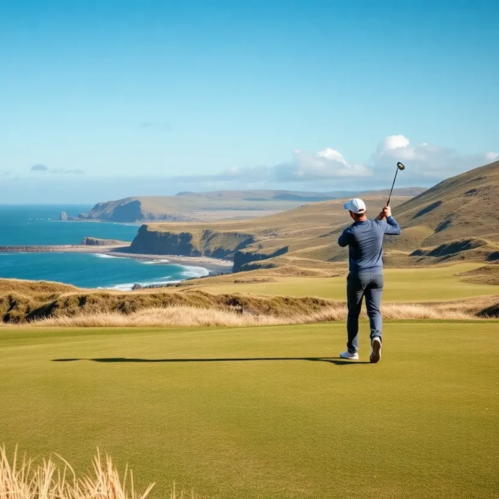 A golfer practicing on a scenic links golf course