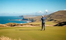 A golfer practicing on a scenic links golf course