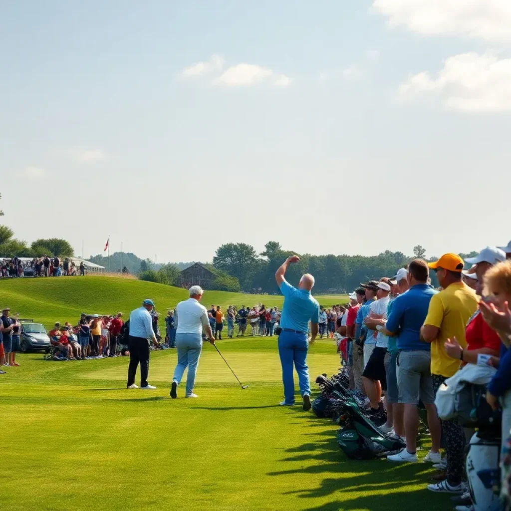 Golf tournament at DLF Golf & Country Club with players and spectators.