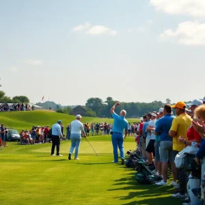 Golf tournament at DLF Golf & Country Club with players and spectators.