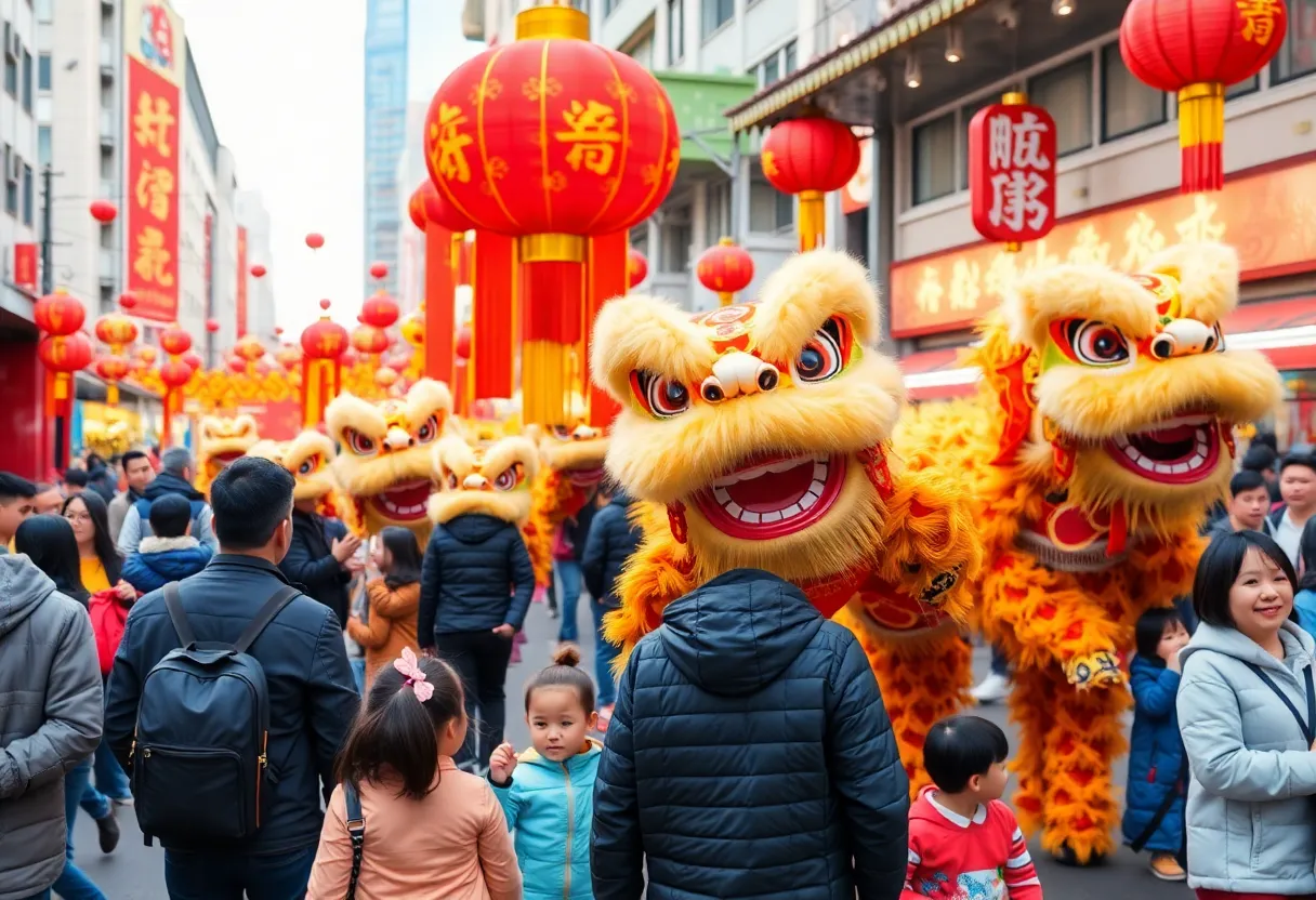 Vibrant festival scene capturing Lunar New Year celebrations in Orlando.