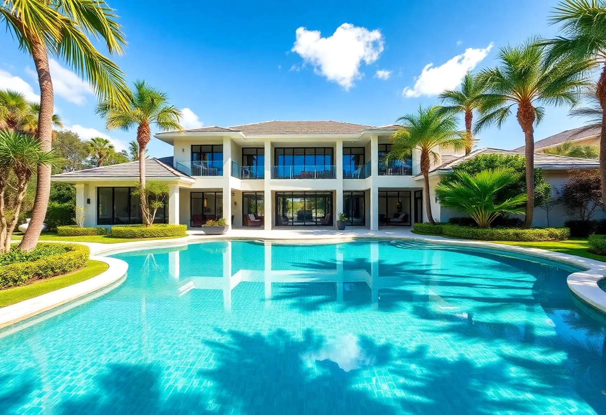 Exterior view of a luxury home in Orlando with a pool and garden