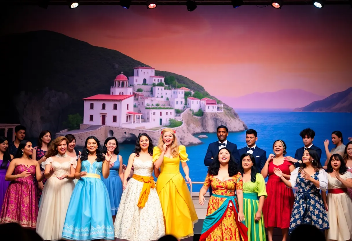 Theatrical performance of Mamma Mia with a beautiful Greek island setting.
