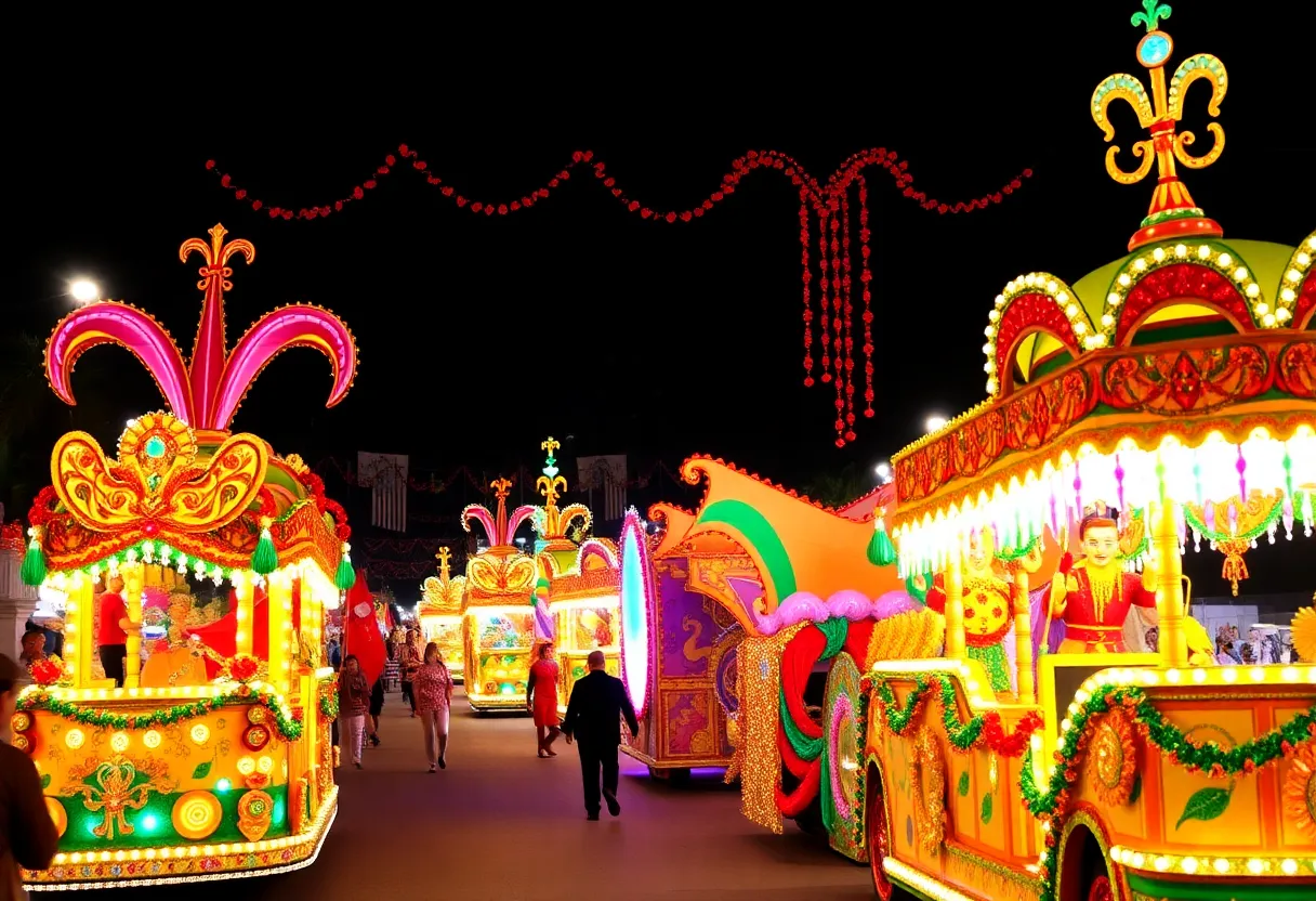 Vibrant Mardi Gras parade with colorful floats at Universal Orlando