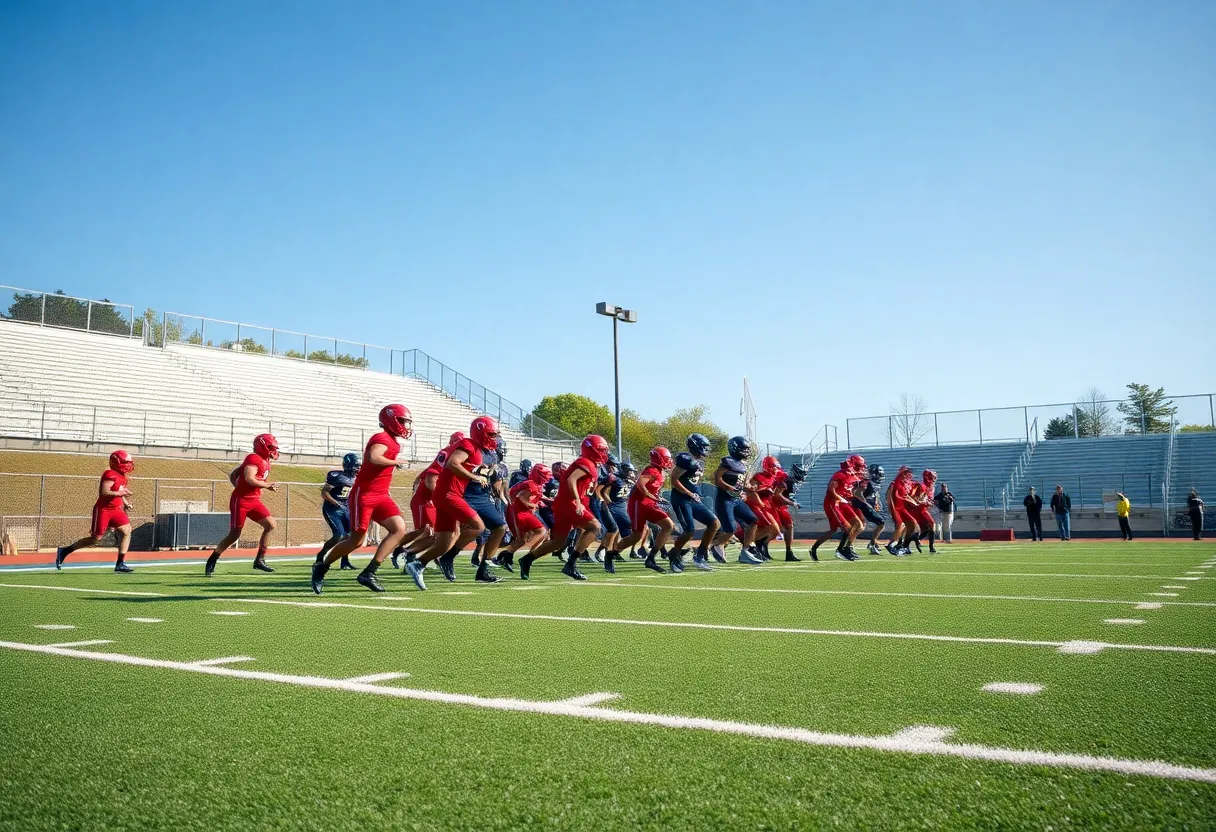 High school football players practicing on the field