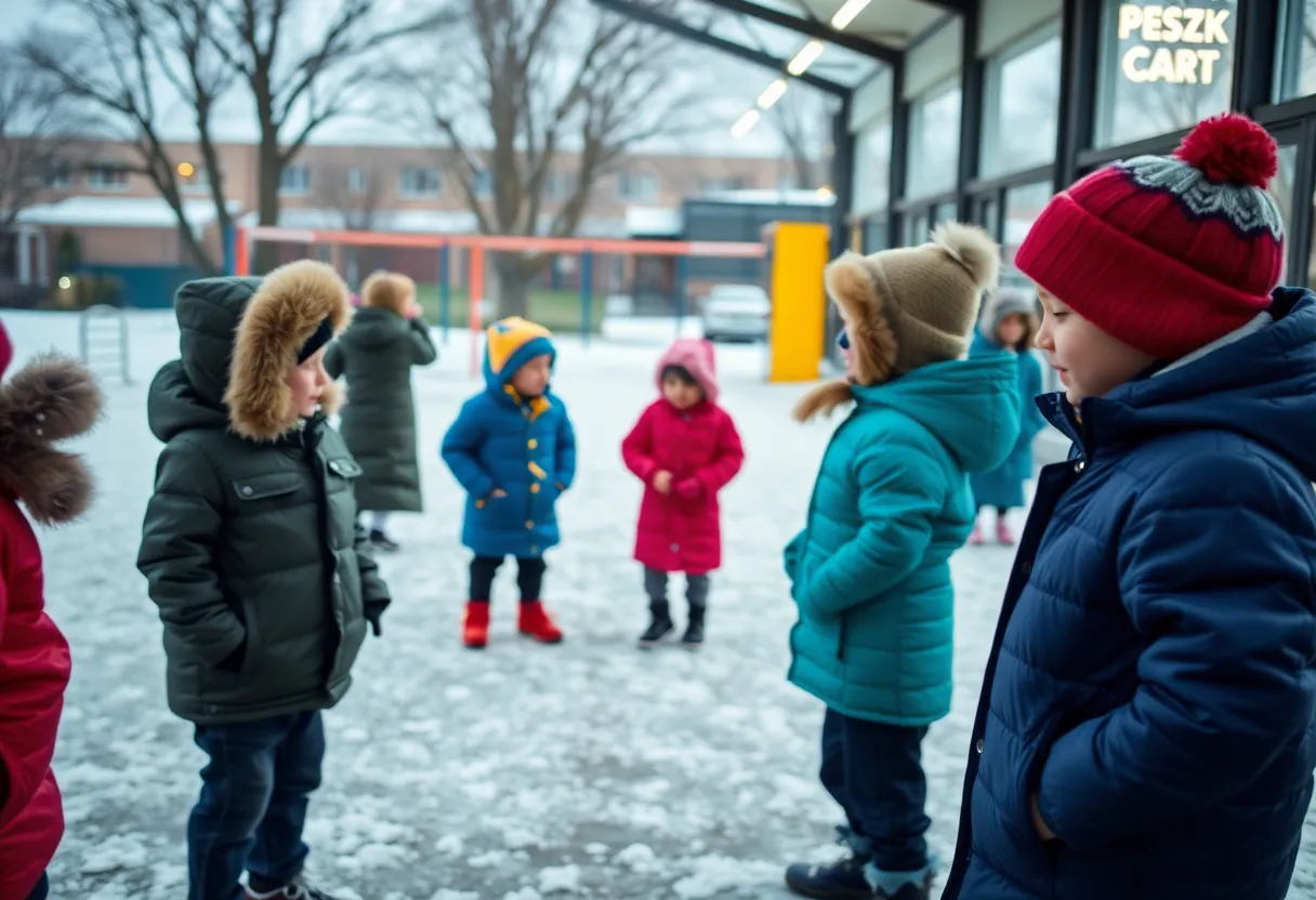 Children playing indoors during cold weather at Marion County School