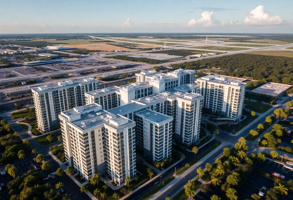 Aerial view of Maris Pointe apartment complex near Orlando International Airport