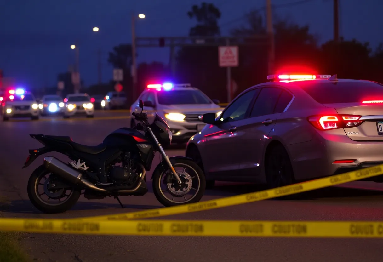 Scene of a motorcycle collision with a sedan surrounded by emergency response vehicles.