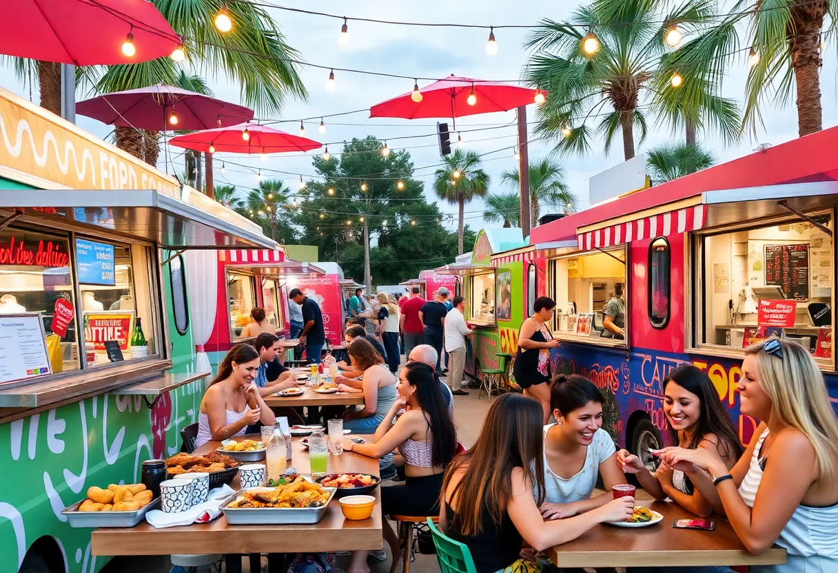 Food truck park in Orlando with various food vendors and happy customers.