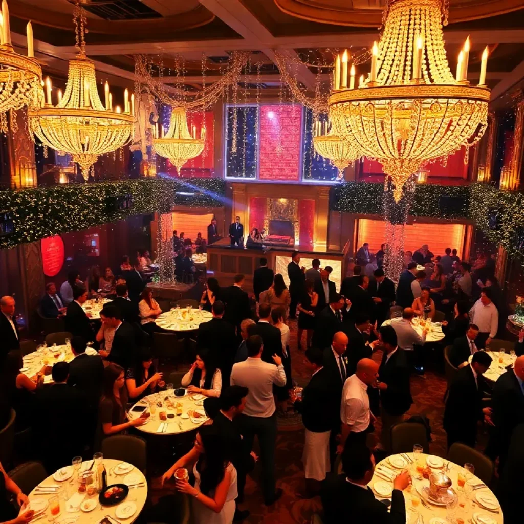 Guests celebrating New Year's Eve at an elegant event.