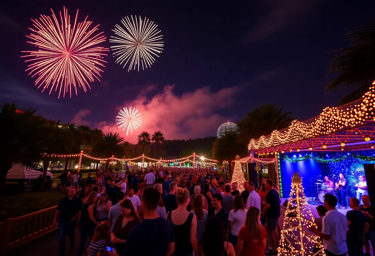 Crowd enjoying New Year's Eve fireworks in Orlando