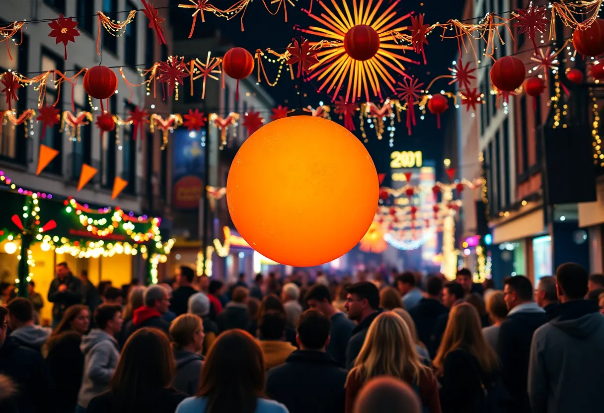 Crowd celebrating New Year's Eve at Thornton Park with decorations and an orange ball.