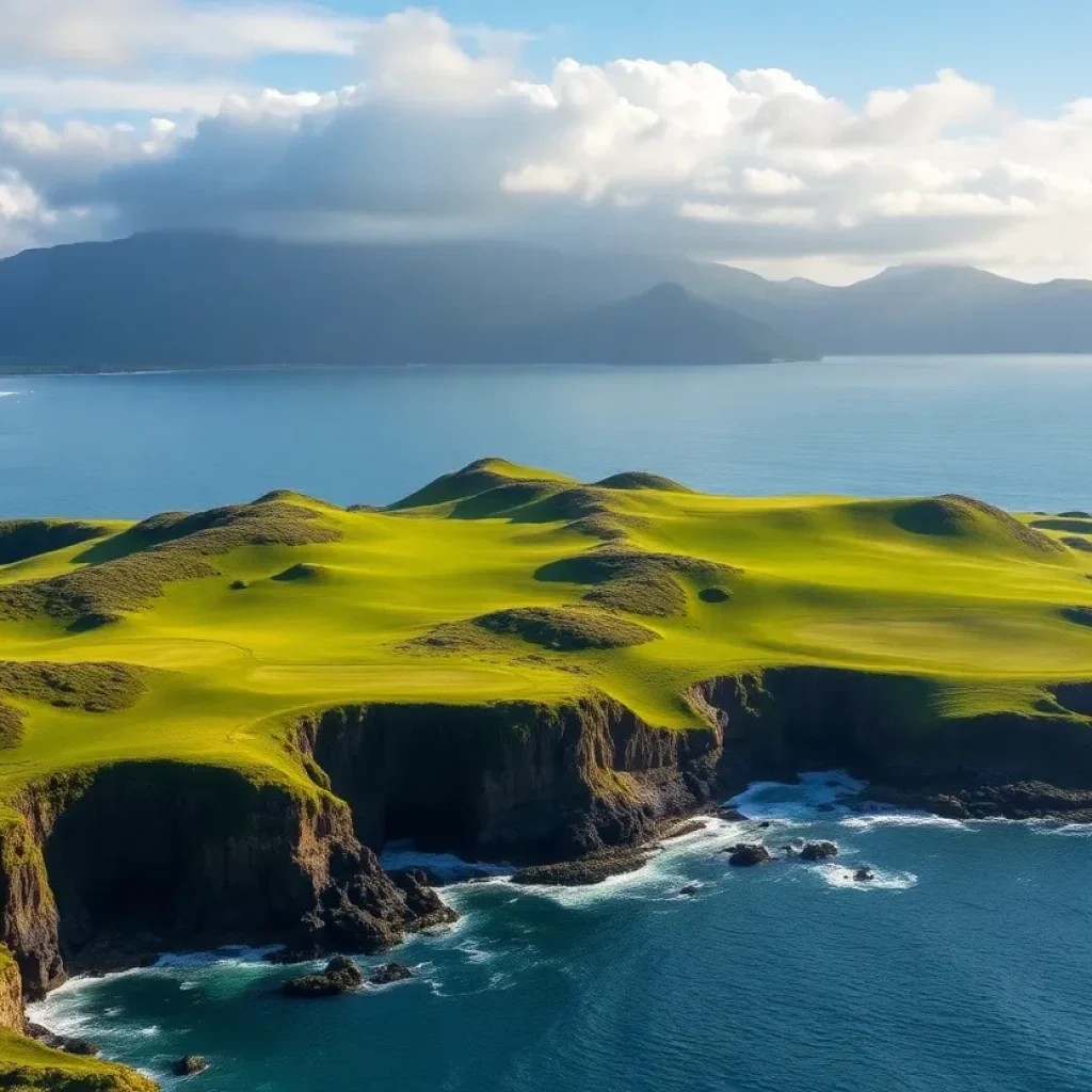 Golf course in Northern Ireland with lush greens and mountains