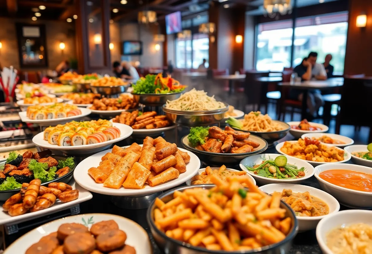 A variety of buffet dishes showcasing sushi, grilled meats, pasta, and Indian curries in a restaurant atmosphere.