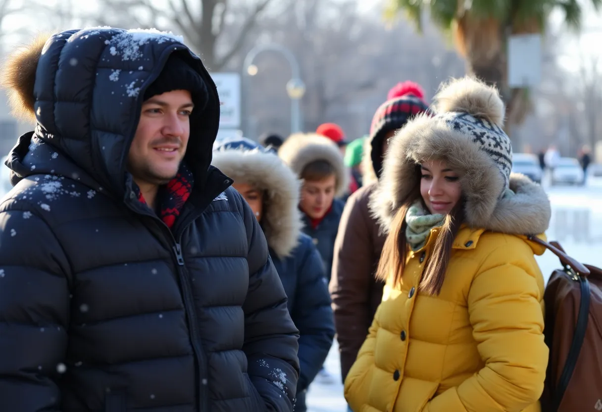 Winter scene in Orlando with residents in winter clothing
