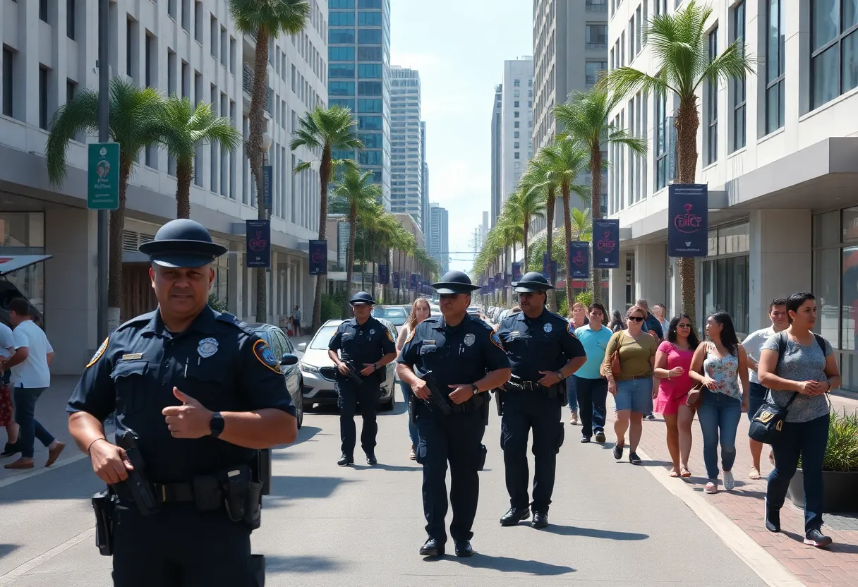 Police officers patrolling a busy street in Orlando to ensure public safety.