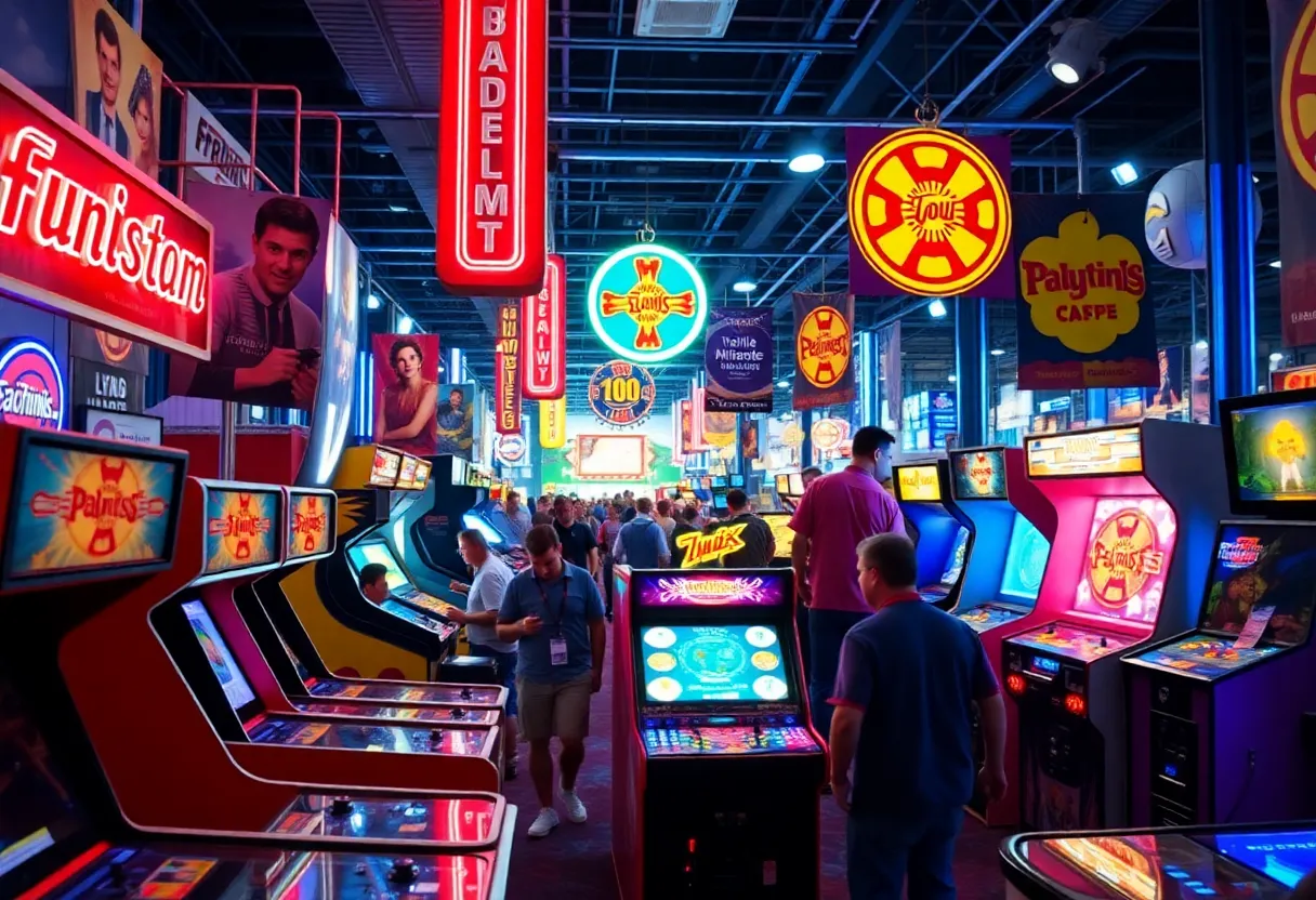 A lively convention scene celebrating 80s and 90s nostalgia.