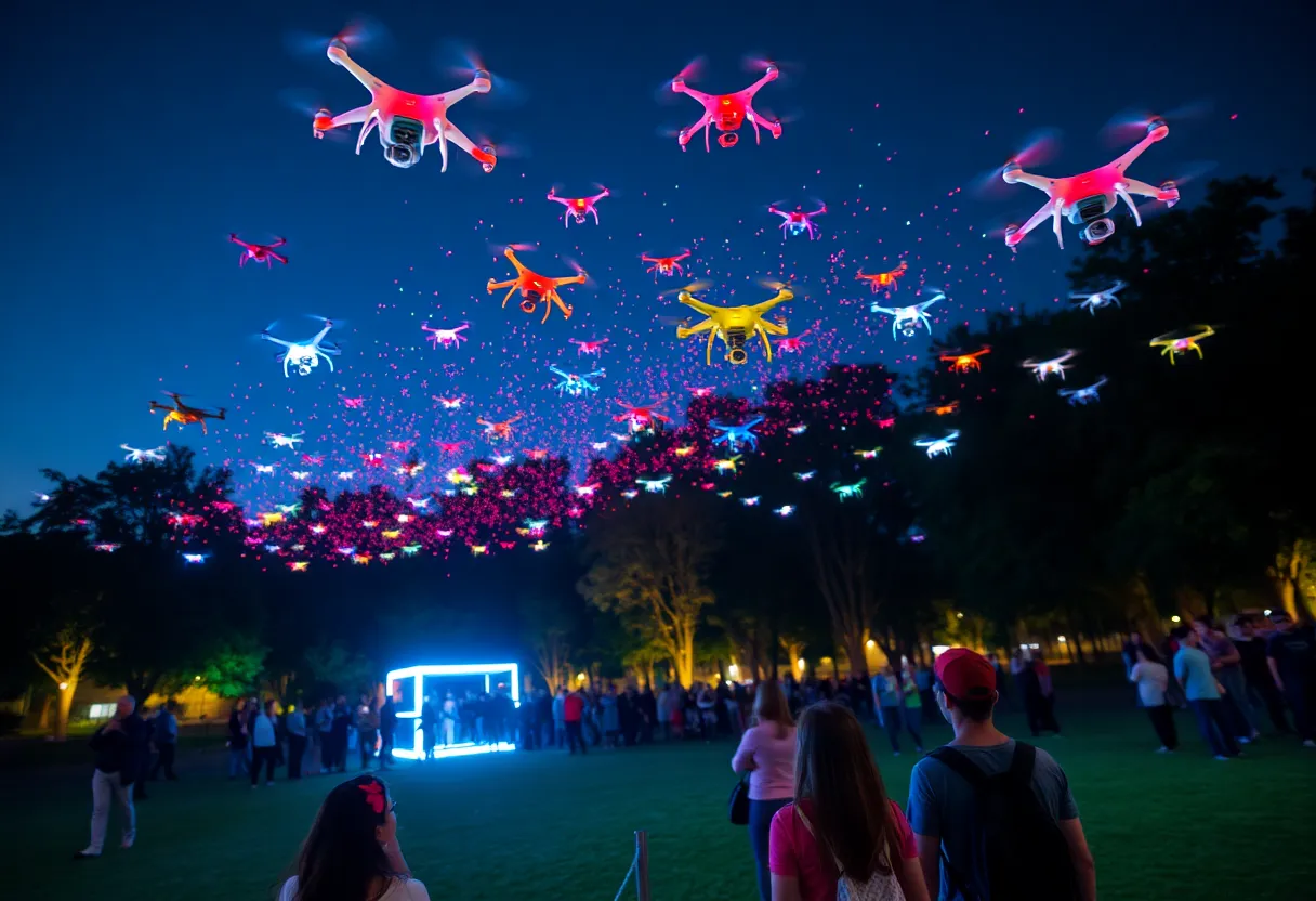 Colorful drones in the night sky during an event in Orlando