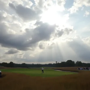 Golf tournament in Orlando with players under cloudy skies