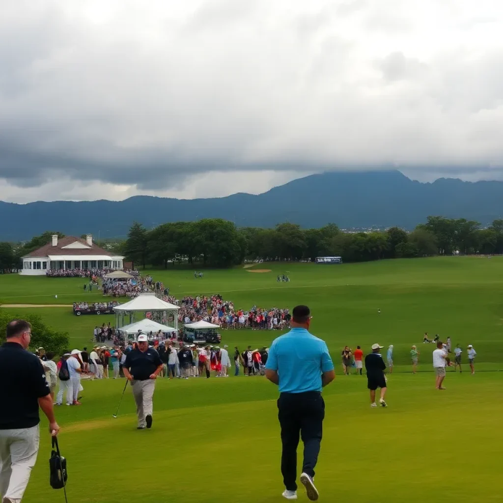 Golf players competing at the Orlando International Amateur tournament under cloudy skies.