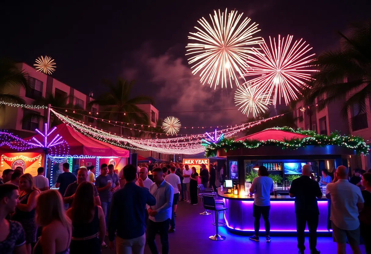 Celebration scene in Orlando for New Year 2024 with people and decorations