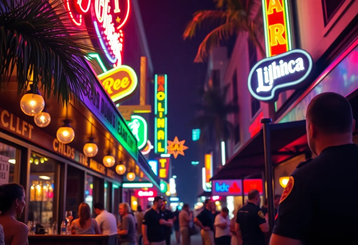A view of bustling Orlando nightlife with bars and club lights.