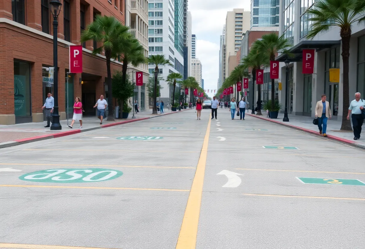 Newly marked parking spaces in downtown Orlando with people walking