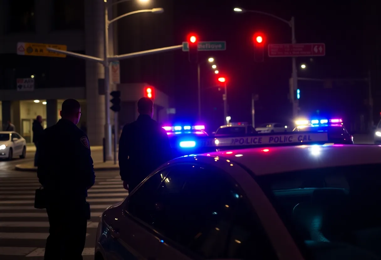 Illustration of a police car involved in a chase in an urban area at night.