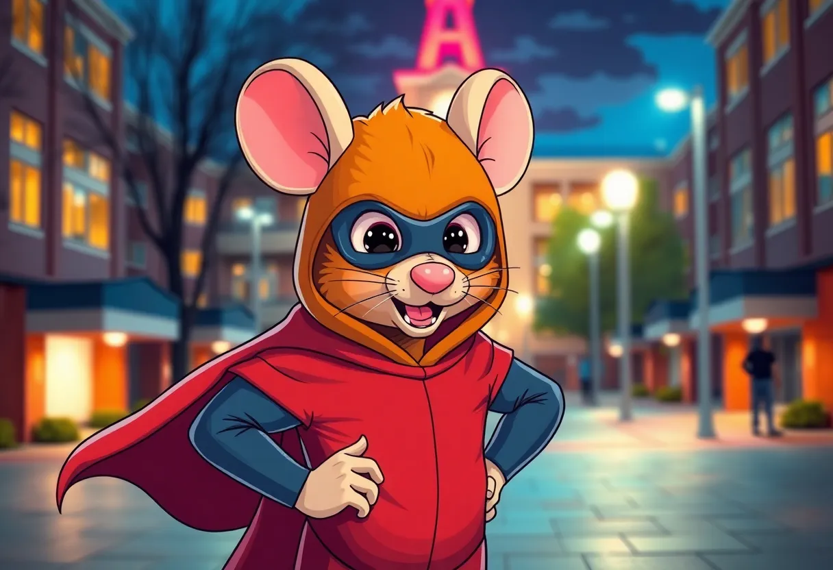 Illustration of Ratman, a quirky campus vigilante in a rat-themed costume, in front of a university.
