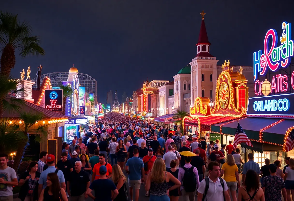 A busy street in Orlando filled with tourists visiting theme parks.