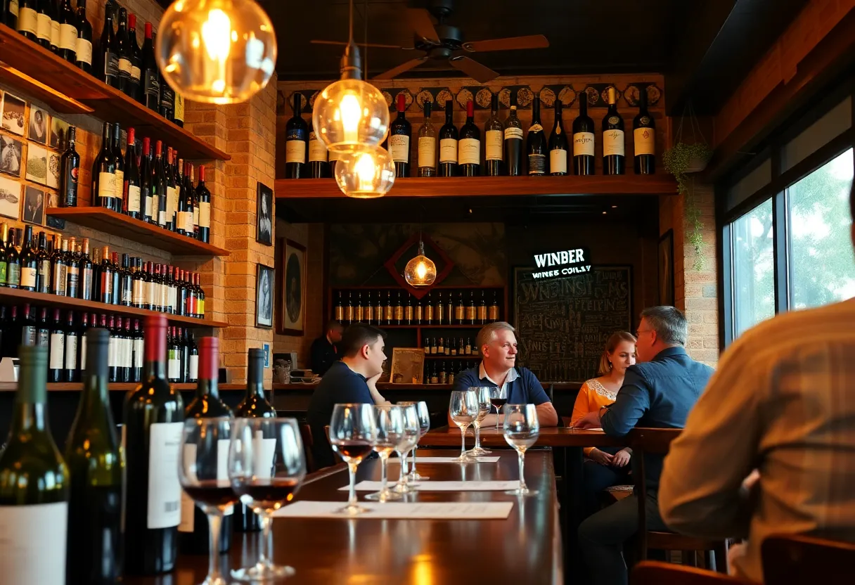 A cozy Orlando wine bar filled with various wine bottles and happy patrons.