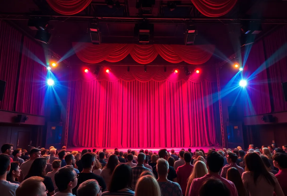 A theater stage filled with colorful lights and curtains during a performance.