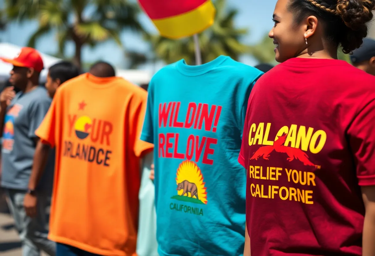 Community members showcasing t-shirts for wildfire relief fundraiser