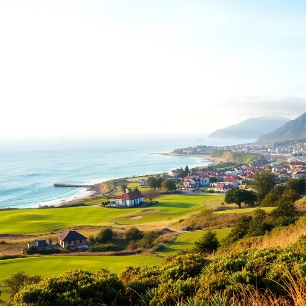 Illustration of a coastal town with golf course overlay representing development conflict