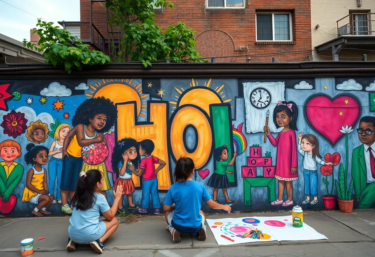 Colorful community mural in Parramore neighborhood depicting children and elements of creativity.