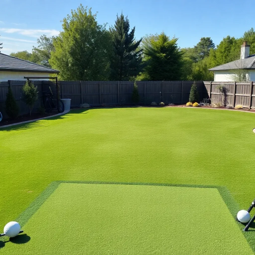 Backyard golf practice area with custom replica of Augusta's 12th green