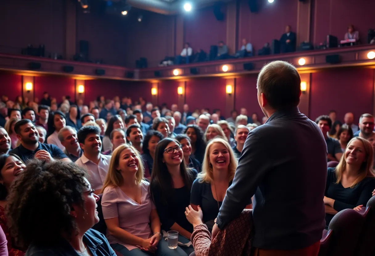 Audience enjoying a comedy show with a comedian on stage