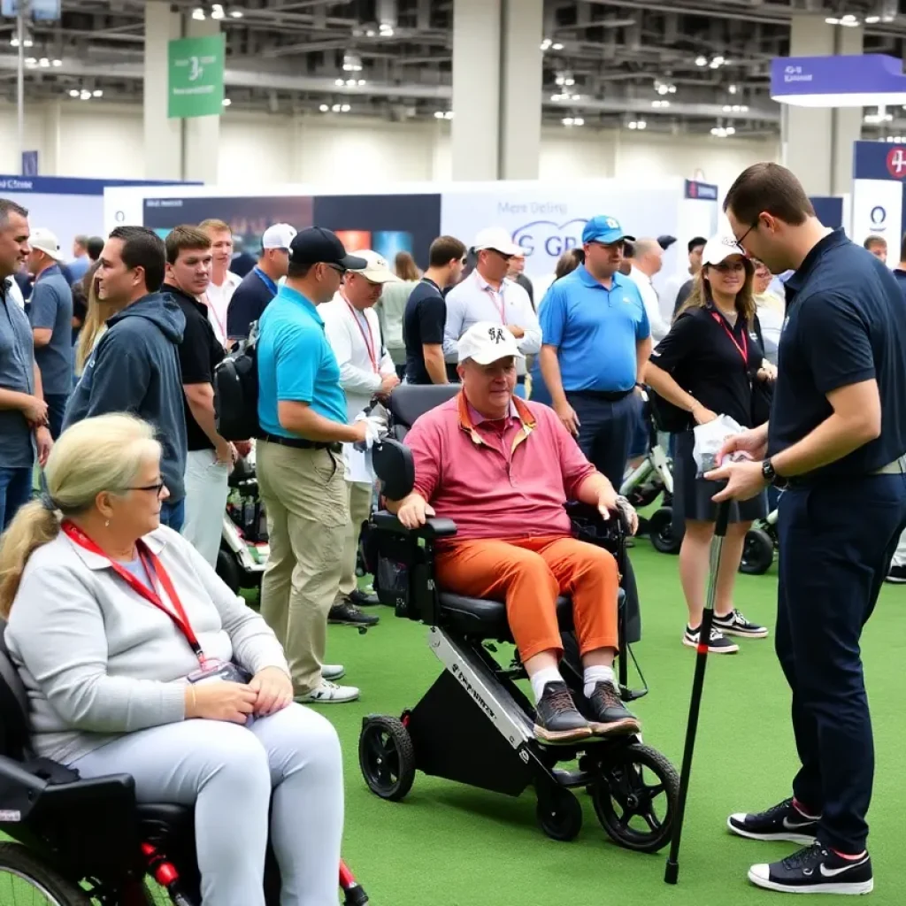 Golf enthusiasts at the 2025 PGA Show in Orlando showcasing new mobility devices.