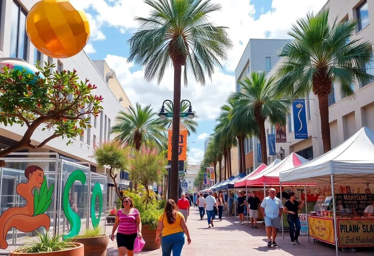 A vibrant and lively Magnolia Avenue in Downtown Orlando with art installations and pedestrians.