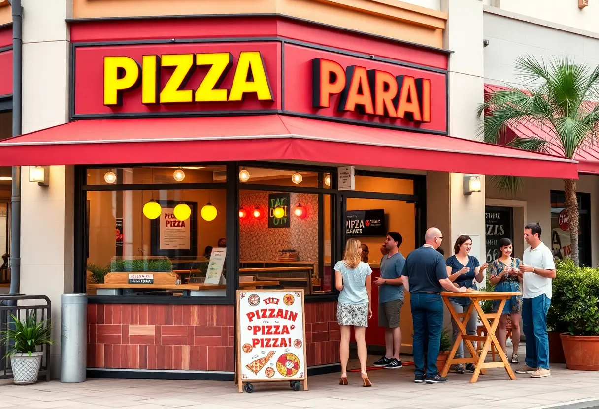 Exterior view of Sal's Pizza in Orlando with people enjoying their meals.