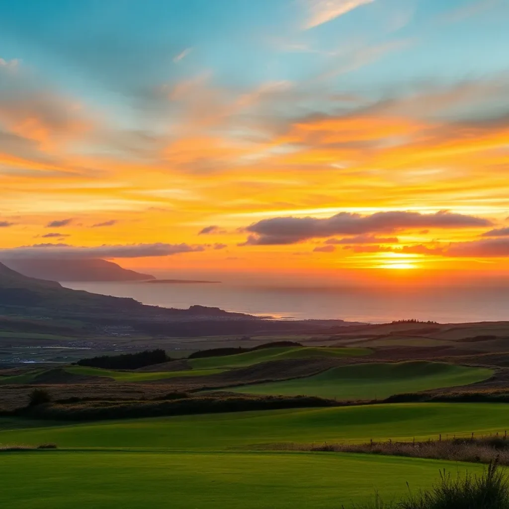 A picturesque view of a Scottish golf course with lush fairways and a castle