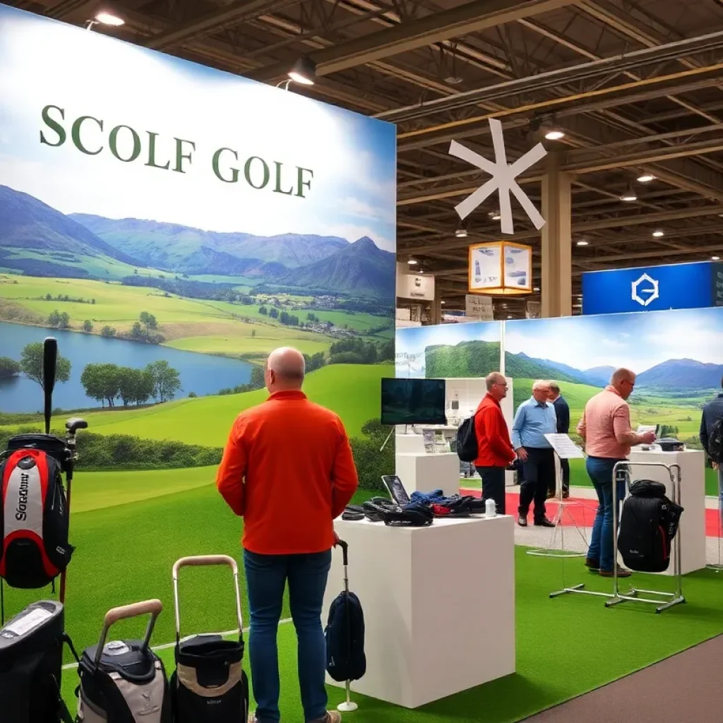 Scottish golf exhibit at the PGA Show with banners and attendees