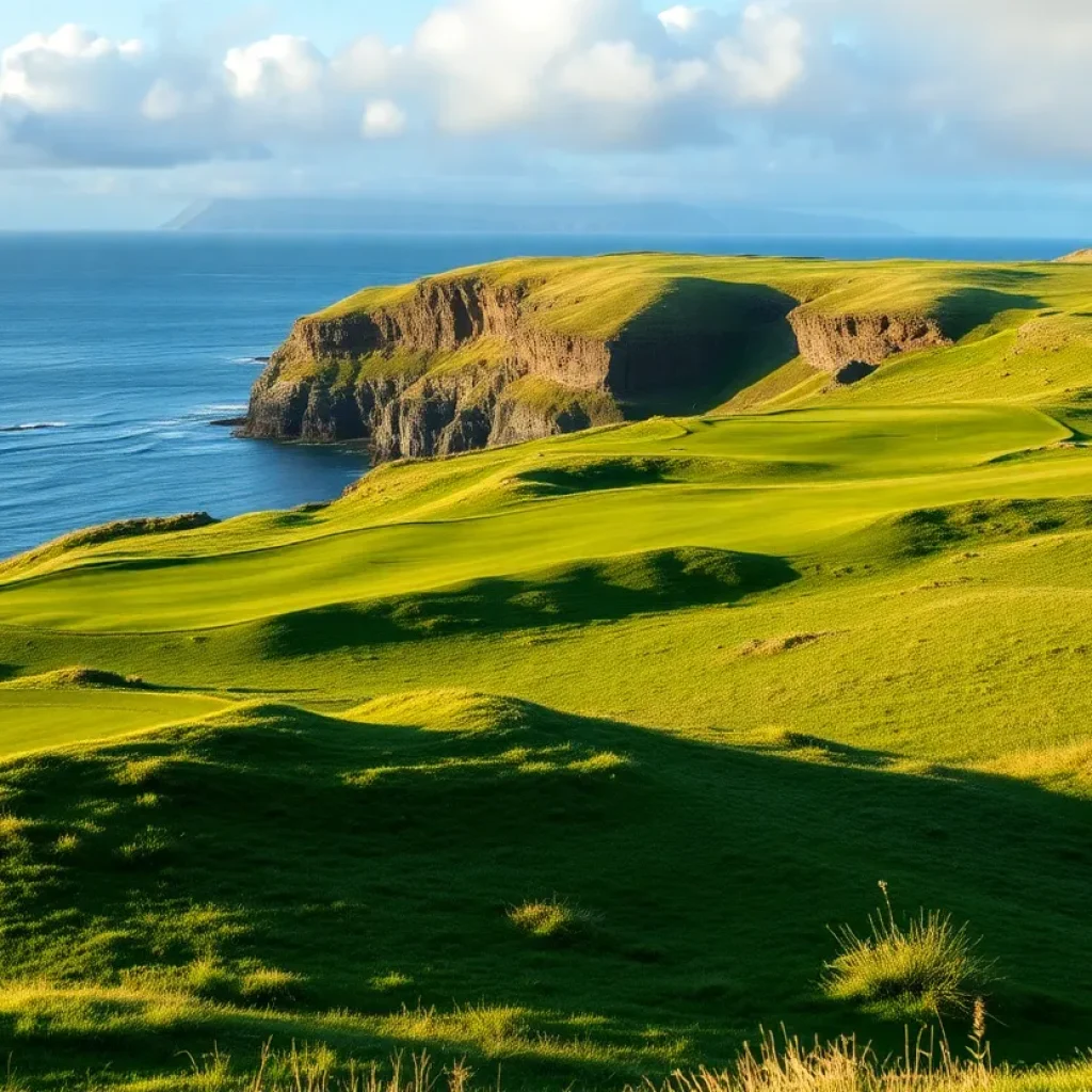 A scenic view of Scotland's Golf Coast with golf courses and the coastline
