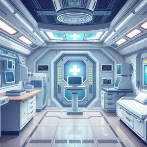 Futuristic space medical laboratory with advanced technology
