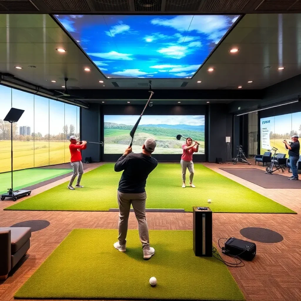 Inside the Studio Golf Club showcasing advanced golf training equipment and a stylish lounge