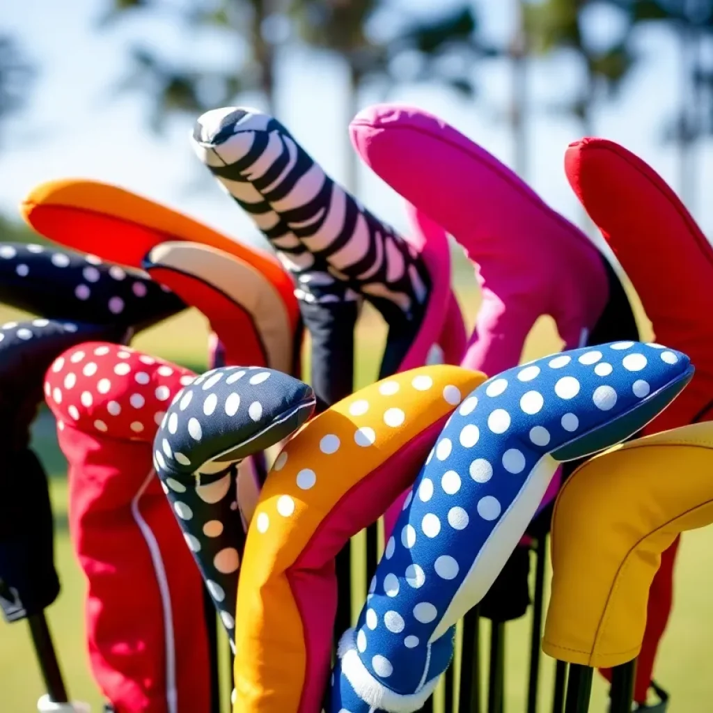 Collection of colorful and unique golf headcovers on golf clubs.
