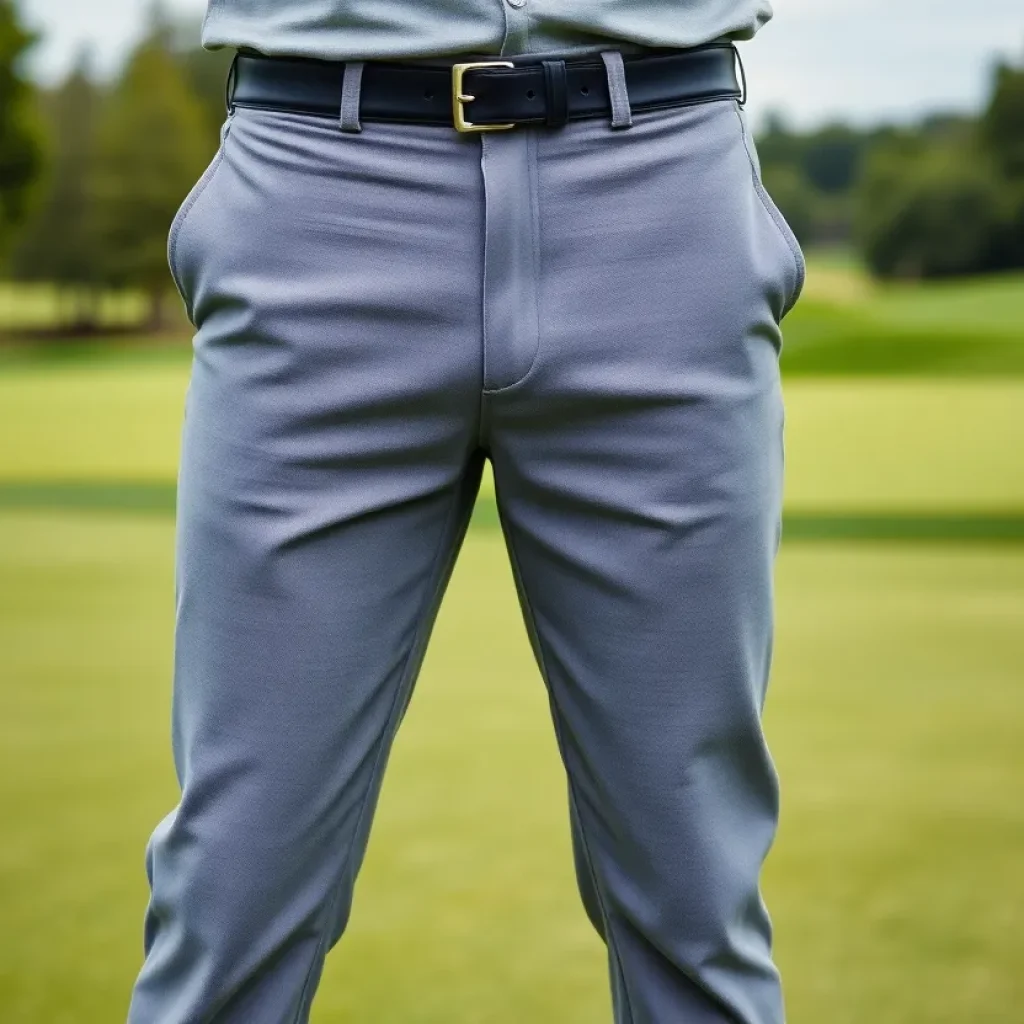 Different styles of golf pants on display at a golf course
