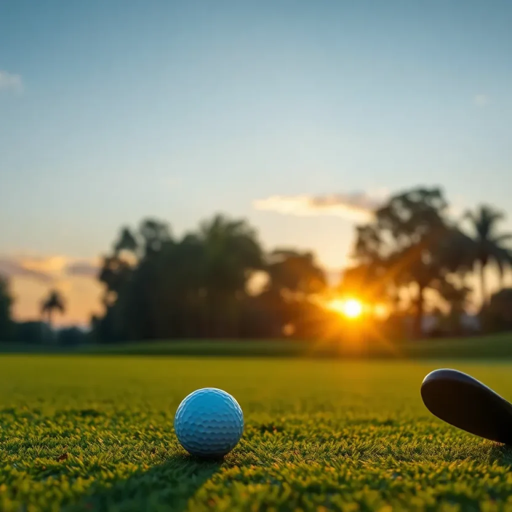 A beautiful sunrise over a serene golf course with clubs and a ball on the green.